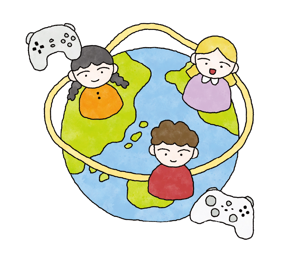 【イラスト】丸い地球の各地に、多様な背景を持った人がいて、ゲームを通して、輪でつながっていることを表現している